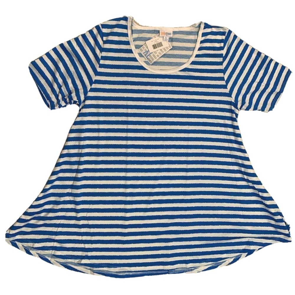 LuLaRoe Women Perfect T XL Blue Off White Striped Short Sleeve Crew Neck NWT